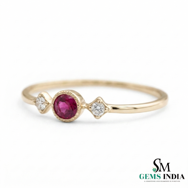 Round Ruby & Diamond Ring - Delicate Ruby Birthstone Ring for Women