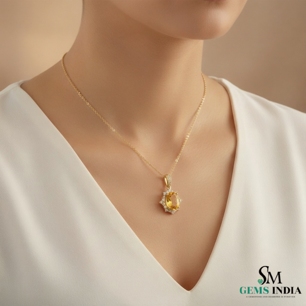 Elegant Oval Citrine & Diamond Halo Pendant - Minimalist Jewelry For her