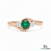 Round Natural Emerald Center Diamond Side Stone Curved Band Ring