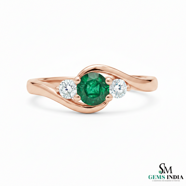 Round Natural Emerald Center Diamond Side Stone Curved Band Ring