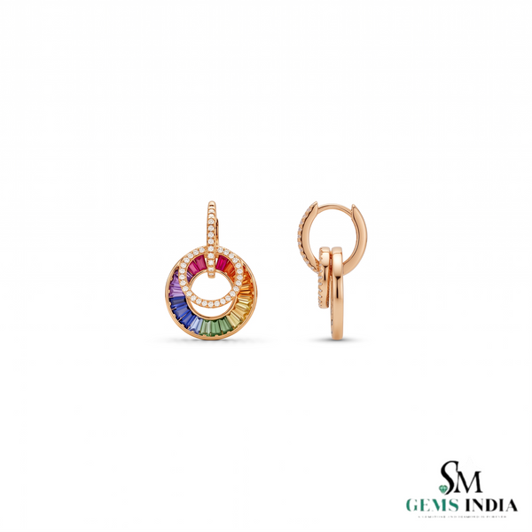 Elegant Rainbow Sapphire Baguette Diamond Circle Earrings - Luxury Statement Earrings