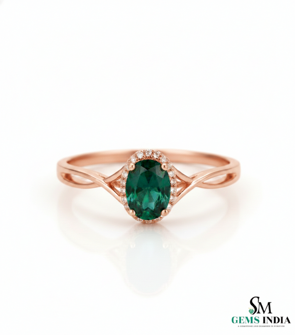 Oval Cut Emerald Ring with Diamond Halo & Split Shank Band