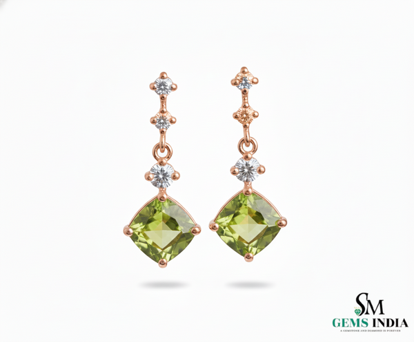 Cushion Cut Natural Peridot Diamond Dangle Earrings