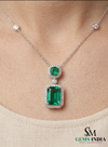 Emerald Cut Emerald Halo Pendant Necklace with Round Emerald & Diamond Accents