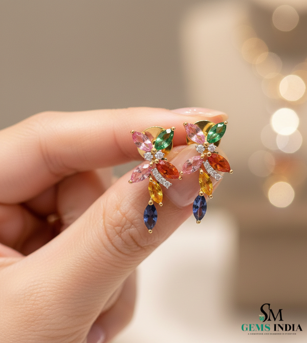 Multicolor Marquise Gemstone Floral Drop Earrings - Butterfly Flower Dangle Earrings