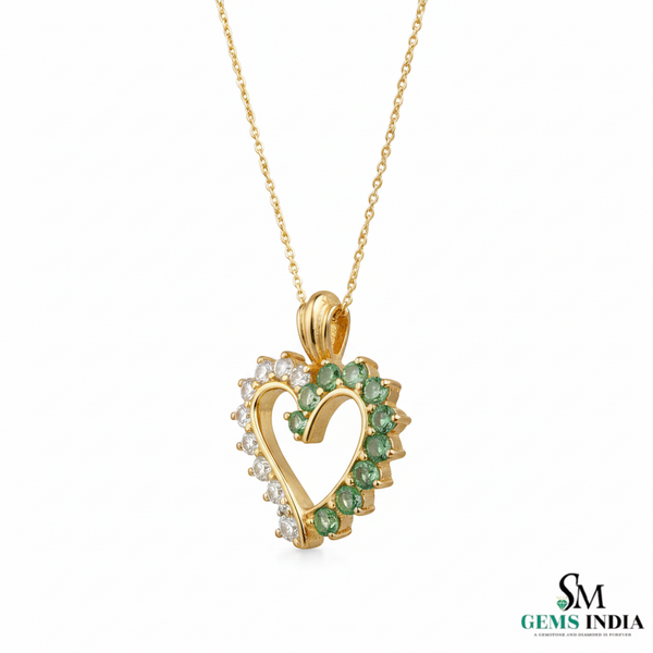 Green Emerald and White Diamond Open Heart Gold Pendant &\- Two Tone Pendant