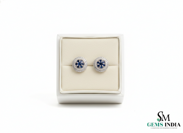 Round Blue Sapphire & Diamond Cluster Stud Earrings in 18k Gold – Vintage Halo Style