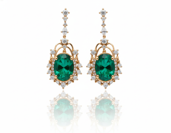 5.50 carat Oval Natural Emerald and Diamond Dangle Earrings in 14K Gold Green Gemstone Jewelry
