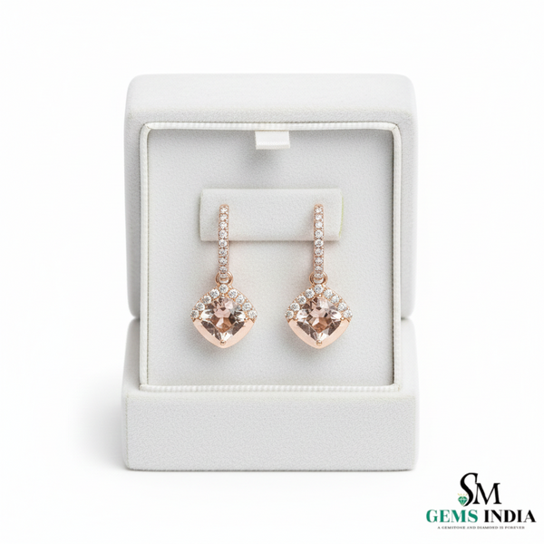 Cushion-Cut Morganite Diamond Dangle Hoop Earrings - Wedding hoop drop earrings