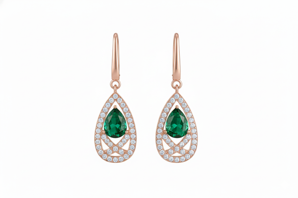 Luxury Natural Emerald Teardrop Earrings with Diamond Border 14K Gold