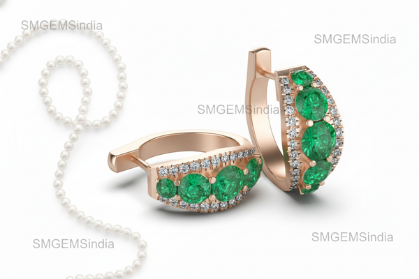 14k Solid Gold Emerald and Diamond Hoop Earrings: May Birthstone Gift