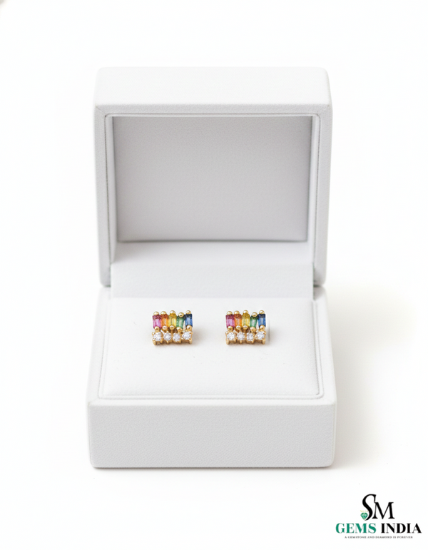 Multi Color Sapphire Baguette Stud Earrings with Diamond Accent