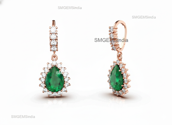 2.40 Carat Pear Shaped Natural Emerald Halo Earrings Fine Gold Drop Earrings for Women in 18k Gold