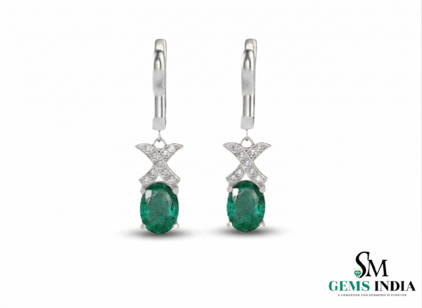 Luxury 3.90 carat Natural Emerald Oval Earrings with Sparkling Diamond X Motif