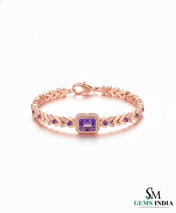 Emerald-Cut and Round Amethyst Diamond Halo Bracelet for Women