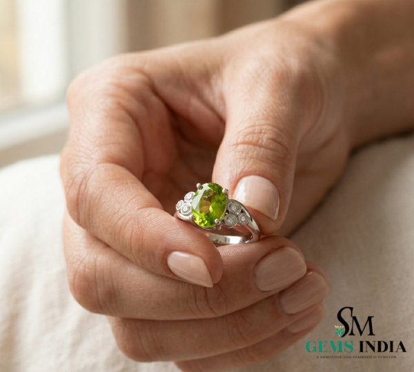 Elegant Oval Green Peridot Ring with Diamond Side Cluster