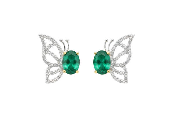 Oval Natural Emerald Butterfly Stud Earrings in Gold Sparkling Diamond Accent Wings