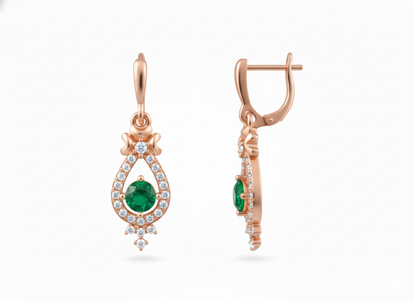 2 carat Round Natural Emerald Drop Earrings for Women Antique Gold Diamond Halo
