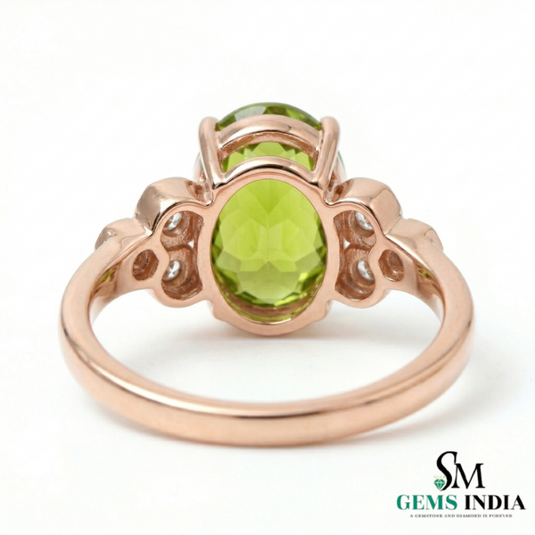 Elegant Oval Green Peridot Ring with Diamond Side Cluster