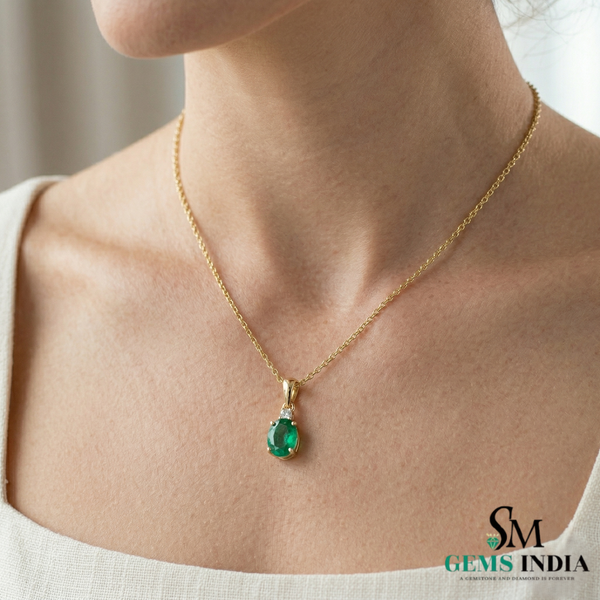 Minimalist Oval Emerald Pendant with Diamond Detail - Green gemstone Jewelry