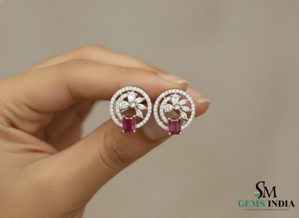 Emerald Cut Ruby & Moissanite Halo Stud Earrings in 14k Gold Gift for Her