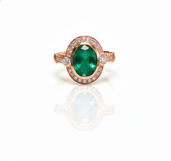 2.10 carat Elegant Oval Cut Natural Emerald Promise Ring with Sparkling Diamonds Accent and Split Band Design