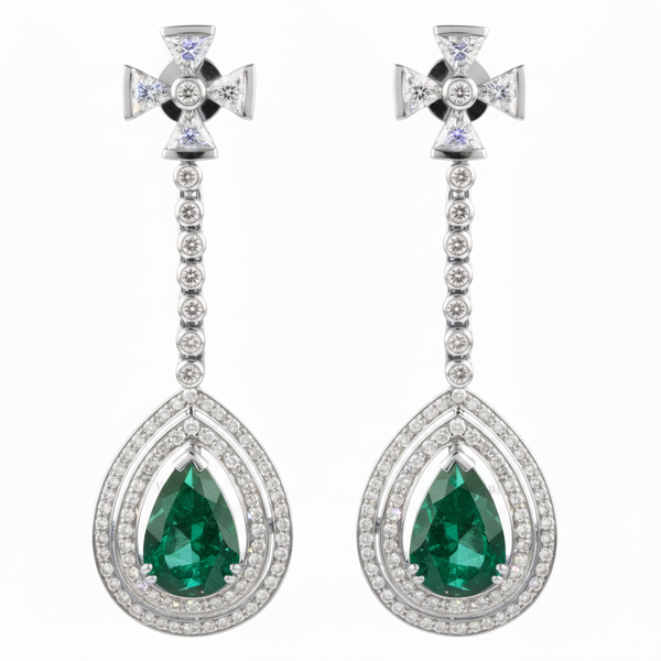 2.30 carat Pear Shape Natural Emerald And Diamond Dangle Drop Earrings