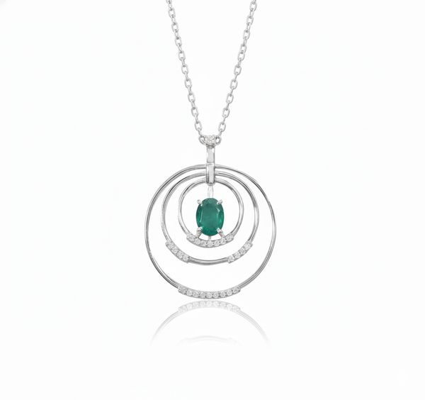1.10 carat Oval shape Natural Emerald and Diamond Circle Pendant Necklace in 14K Gold