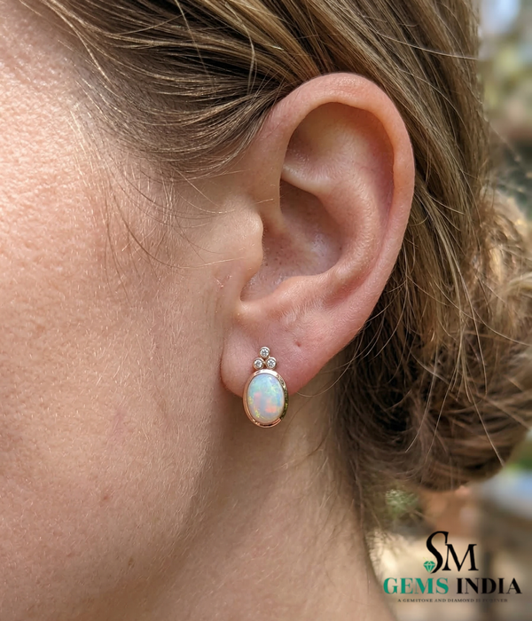 Oval Opal & Diamond Stud Earrings Elegant October Birthstone Opal Earrings for Women