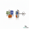 Multicolor Emerald Cut Gemstone Cluster Stud Earrings - Diamond Accent Geometric Stud Earrings for Women
