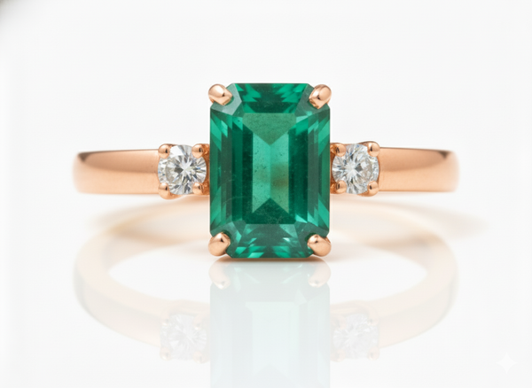 2.50 carat Elegant Emerald Cut Emerald Ring with Diamond Accents and 14k Gold Flat Band