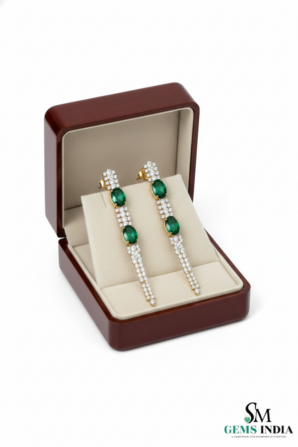Emerald Oval Drop Earrings with Diamond Chain - Fine Emerald Jewelry