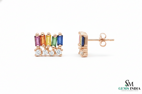 Multi Color Sapphire Baguette Stud Earrings with Diamond Accent