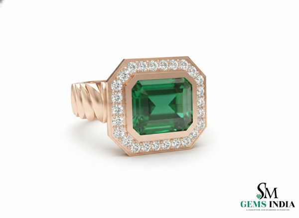 Moderner, natürlicher Smaragdring im Smaragdschliff mit Diamanten, 4 Karat Verlobungsring