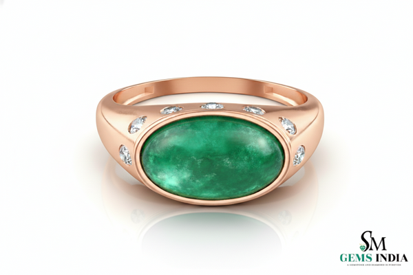 Real Emerald Cabochon Men's Ring - 18k Gold & Diamond May Birthstone