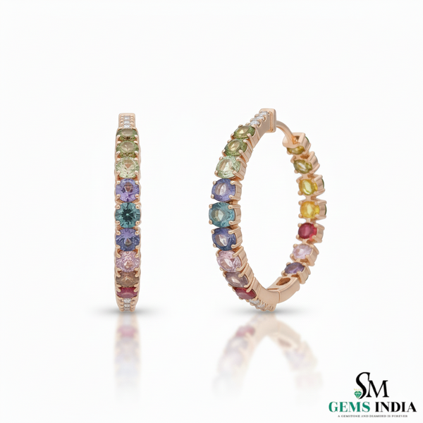 Oval and Round Gemstone Rainbow Hoop Earrings Vibrant Multicolor Hoops