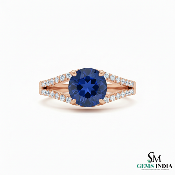 Round Blue Sapphire Diamond Split Shank Ring in 18k Gold
