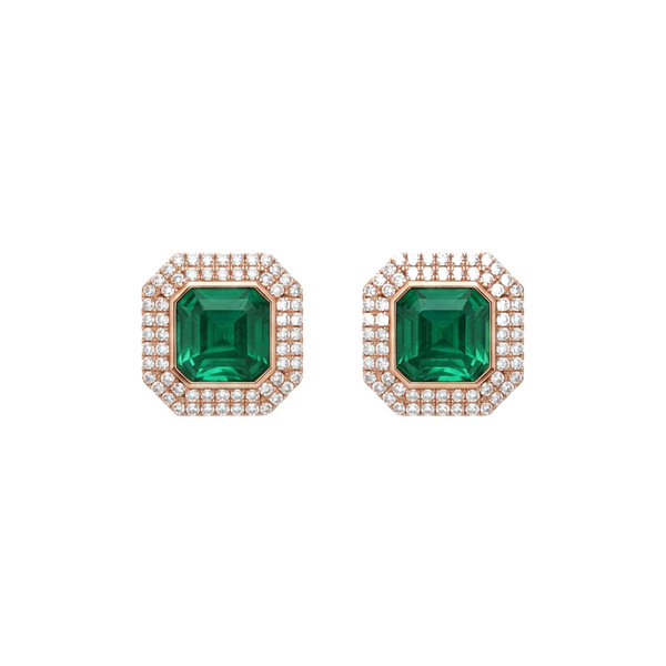 Elegant Octagon cut Natural Emerald Green Stud Earrings with Dazzling Halo