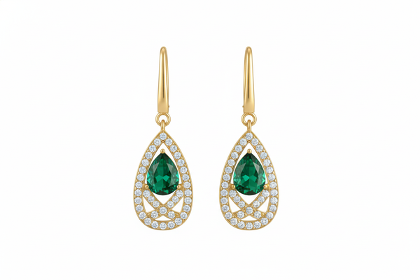 Luxury Natural Emerald Teardrop Earrings with Diamond Border 14K Gold