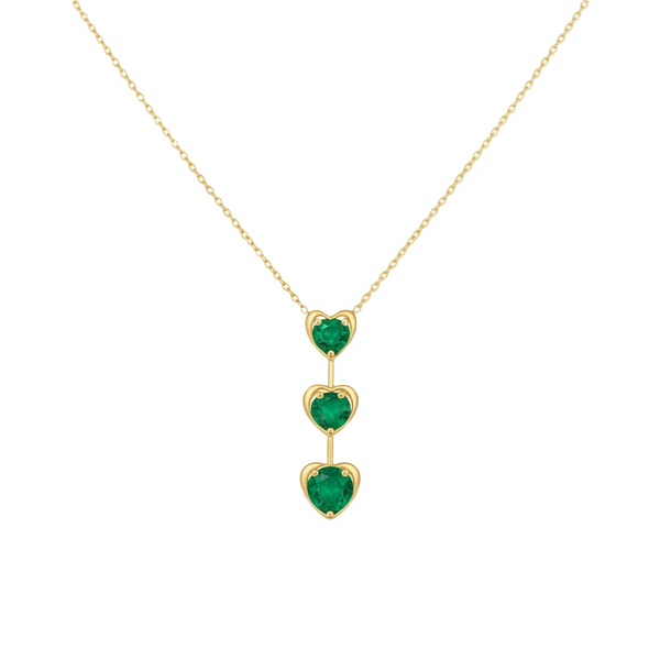 Triple Heart Design Round Natural Emerald Pendant in 14k Gold Romantic May Birthstone Gift