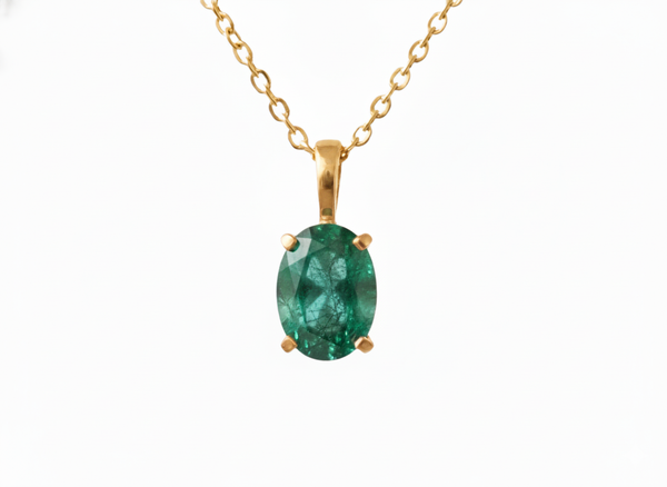 Oval shape Natural Emerald Pendant Necklace in 14k Solid Gold May Birthstone