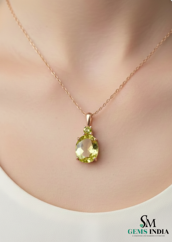 Oval Cut Natural Peridot Pendant with Diamond