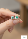 Square shape Natural Emerald Halo Studs with Diamond Accents – Fine Gold Earrings