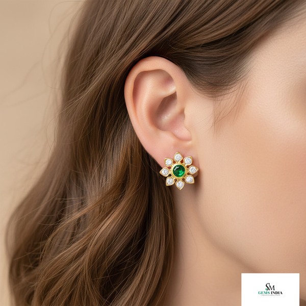 1.60 carat Daisy Flower Stud Earrings in Gold with Natural Emerald-Green Stone