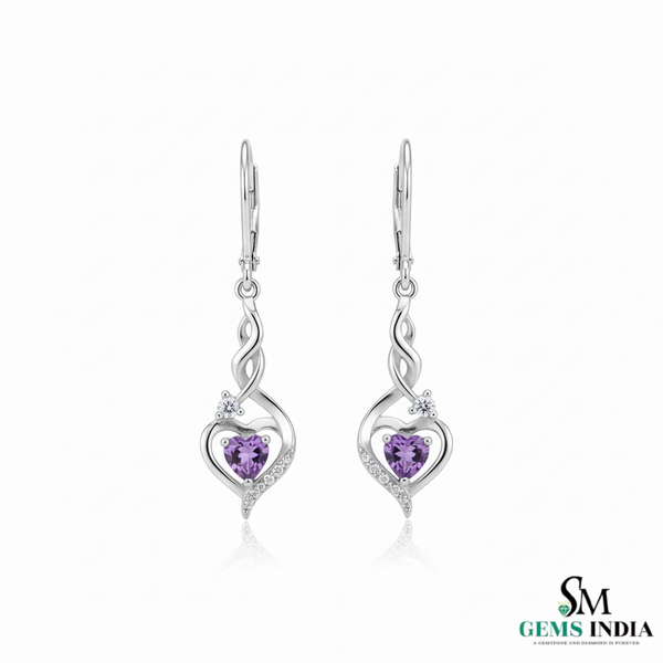 Elegant Heart-Shaped Amethyst Drop Earrings With Diamond