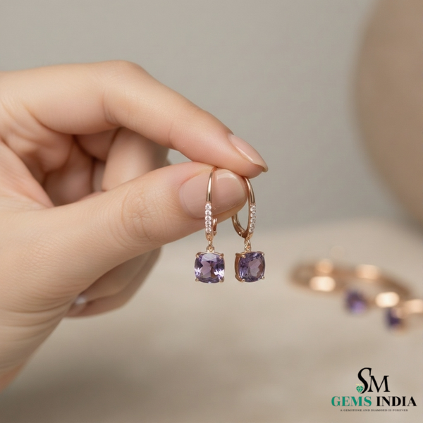 Cushion Cut Amethyst Drop Earrings with Diamond Leverback