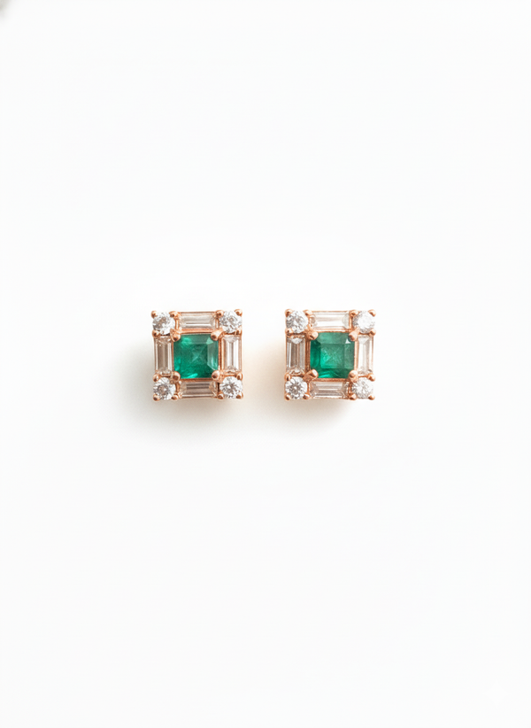 Square shape Natural Emerald Halo Studs with Diamond Accents – Fine Gold Earrings