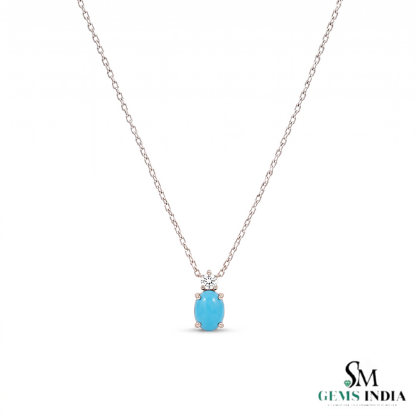 Oval Turquoise Gemstone Pendant With Diamond Accent – Gift For Her