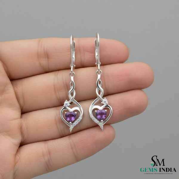 Elegant Heart-Shaped Amethyst Drop Earrings With Diamond