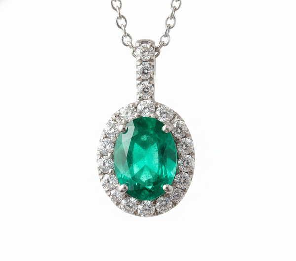 Natural Emerald Halo Pendant Necklace Oval Green Gemstone with Diamonds